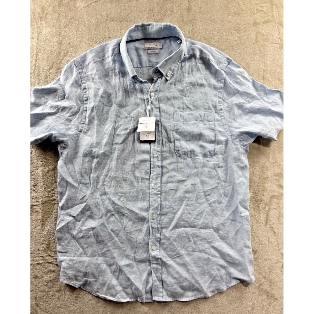 NWT Porter & Ash Shirt Men's XL Light Blue Short Sleeve Button Down 100% Linen
